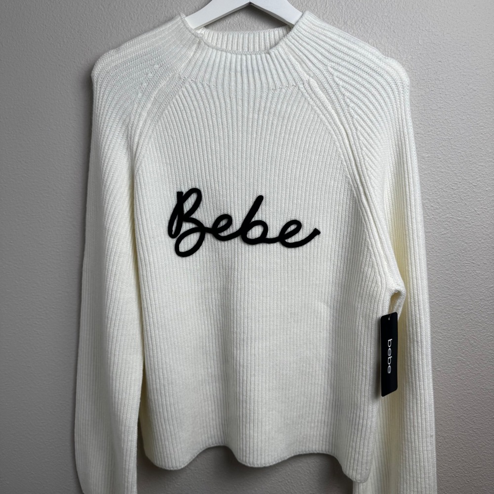 Bebe Marshmallow Ribbed Mock Neck Sweater Large‎ Relaxed Cream White New